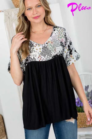 76 CP-C {Home Run} Black Printed Babydoll Top PLUS SIZE 1X 2X 3X