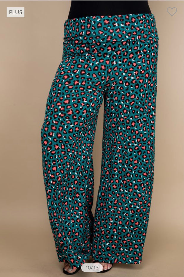 BIN 98 {Really Ready} Teal/Coral Leopard Print Palazzo Pant PLUS SIZE 1X 2X 3X SALE!!!!