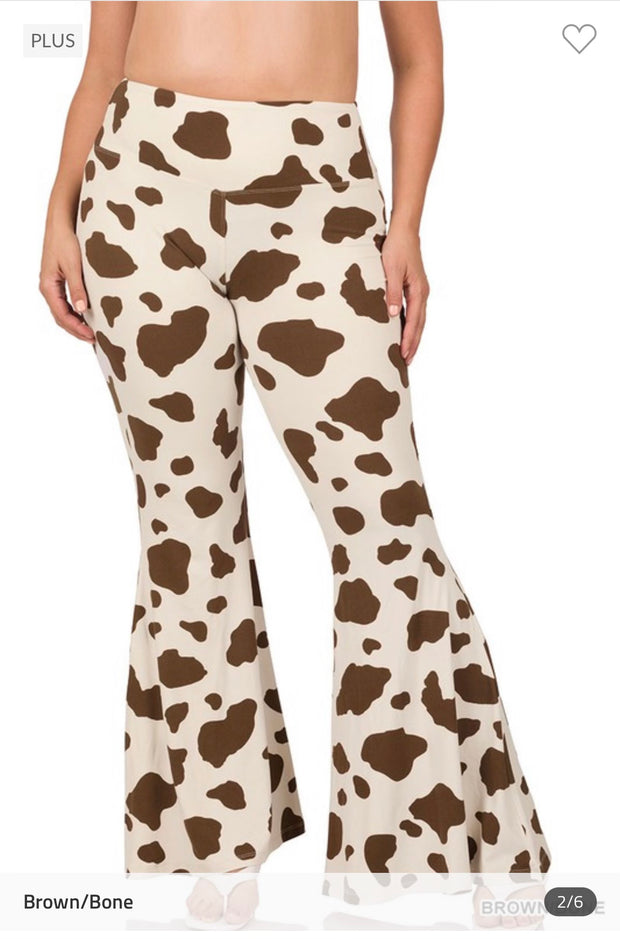 BT-S {One Time Deal} Bone Cow Print Yoga Flare Pants PLUS SIZE 1X 2X 3X