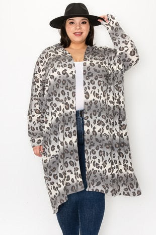 57 OT-H {Take A Trip} Grey Leopard Print Hooded Caridgan EXTENDED PLUS SIZE 3X 4X 5X