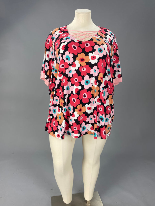 34 or 37 CP {Daily Dreamer} Black/Pink Floral Caged Neck Top CURVY BRAND!!!!  EXTENDED PLUS SIZE XL 2X 3X 4X 5X 6X