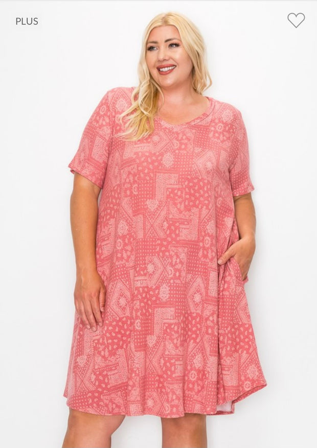 34 PSS- G {EasyTo See} Dusty Red Paisley V-Neck Dress EXTENDED PLUS SIZE 3X 4X 5X