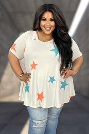 26 PSS-W {Reach For The Stars} Ivory Star Print V-Neck Top PLUS SIZE XL 2X 3X