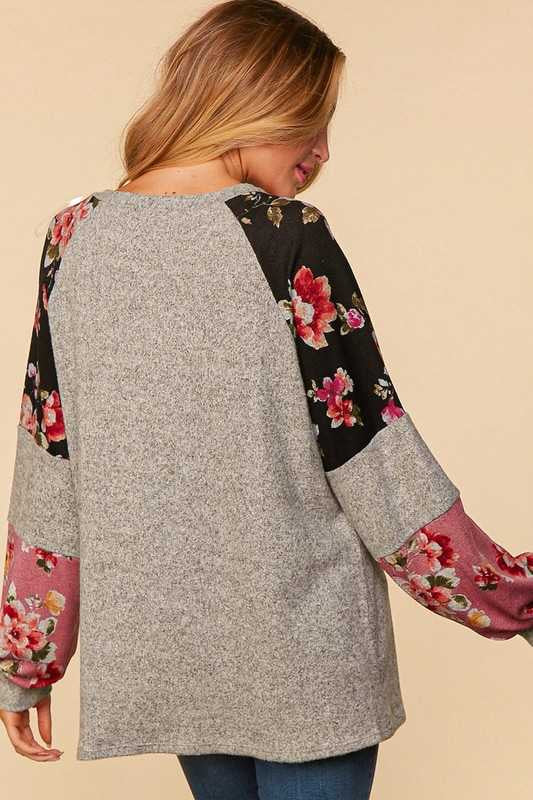 72 CP-E {Good Decision} Heather Grey Black Floral Top PLUS SIZE XL 2X 3X