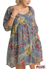 20 PQ-A {Pure Grace} Steel Blue Floral Dress PLUS SIZE XL 1X 2X