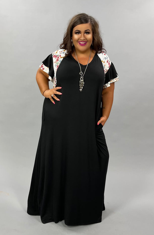 LD-R {Everyday Stunner} ***SALE***Black Long Dress Floral Sleeves PLUS SIZE 1X 2X 3X