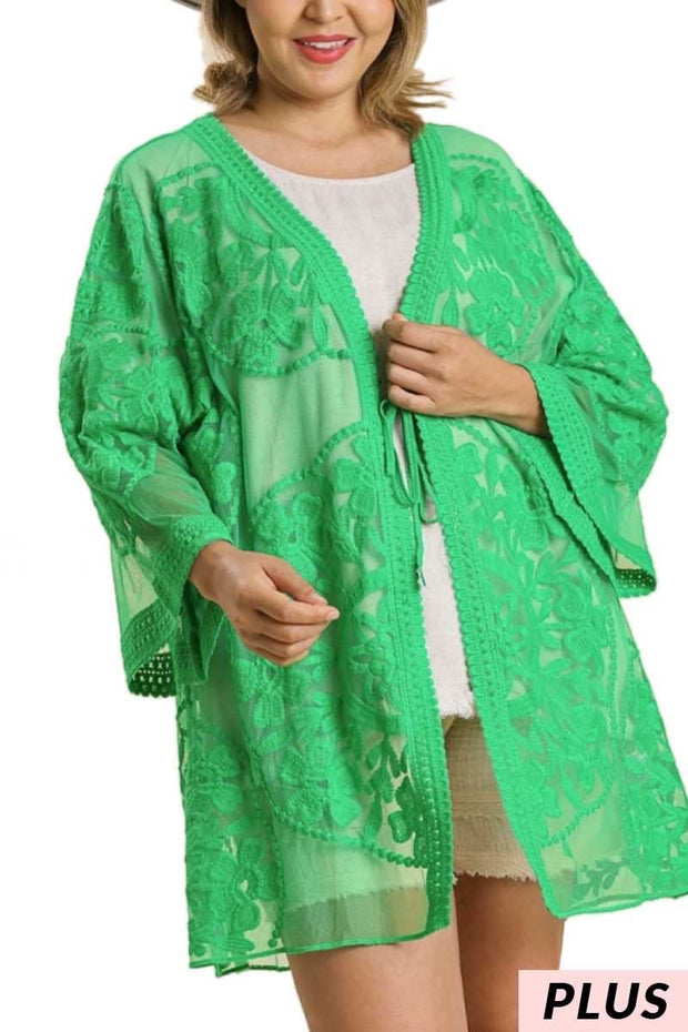 58 OT-T {Never Miss A Beat} "Umgee" Kelly Green Lace Kimono PLUS SIZE XL 1X 2X