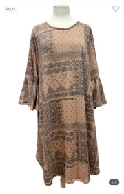 76 PQ-G {Matters To Me} Dusty Rust Print Bell Sleeve Dress EXTENDED PLUS SIZE 3X 4X 5X