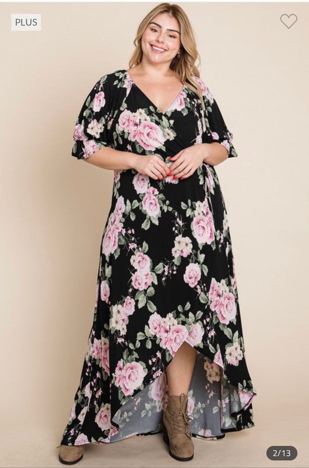 LD-Z & D {Floral Fascination} Black Floral Wrap Maxi Dress PLUS SIZE 1X 2X 3X