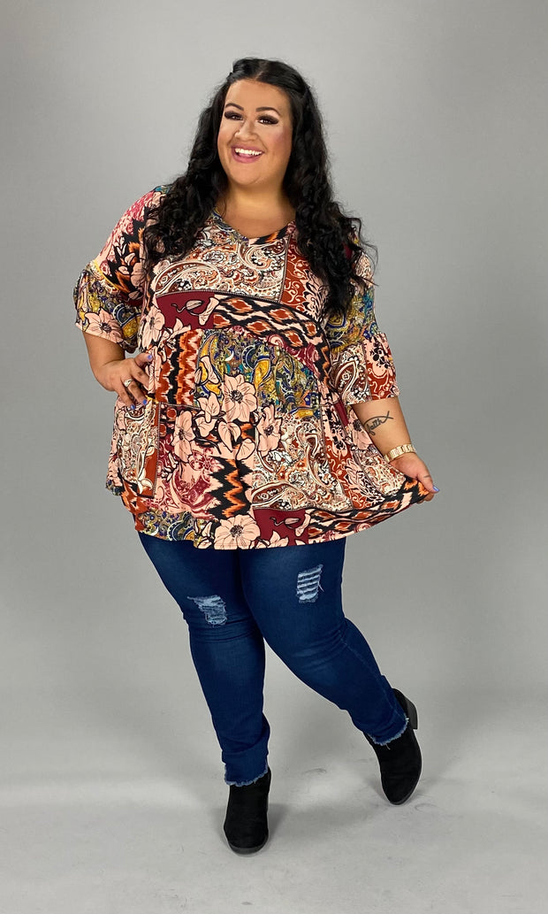 26 PQ-K {Lively Looks}  Red Multi Print Babydoll Top EXTENDED PLUS SIZE 3X 4X 5X