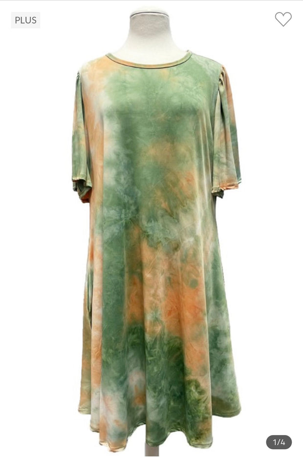 81 PSS-B {Color My Town} Green Tie Dye Dress W/Pockets  PLUS SIZE 1X 2X 3X***SALE***