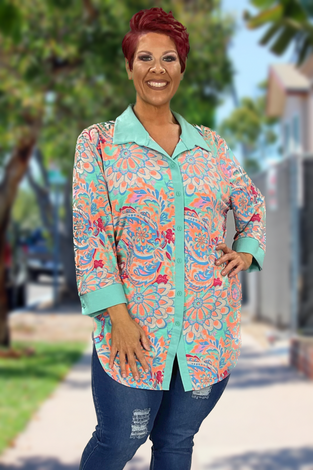 96 OT-A {The Way We Roll} Multi-Color Paisley Slit Side Top PLUS SIZE 1X 2X 3X