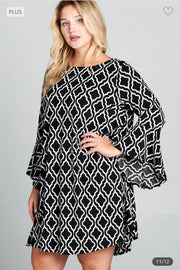 97 PQ-A {Sunday Best} Black Diamond Damask Print Dress PLUS SIZE 1X 2X 3X