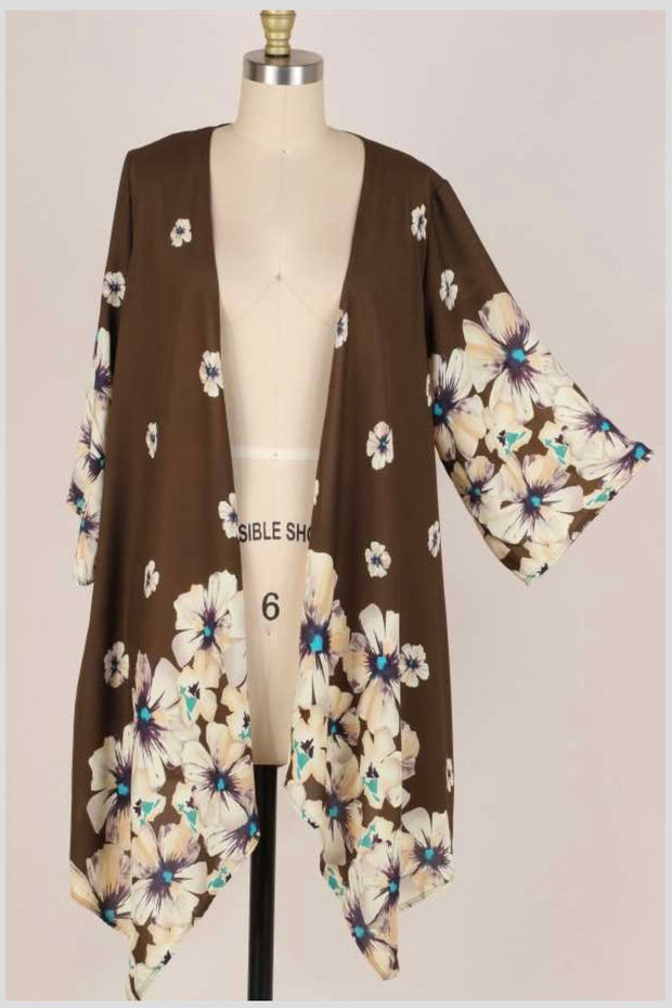 68 OT-L {Sharing Smiles} Army Green Kimono W/Flower Detail 1X 2X 3X