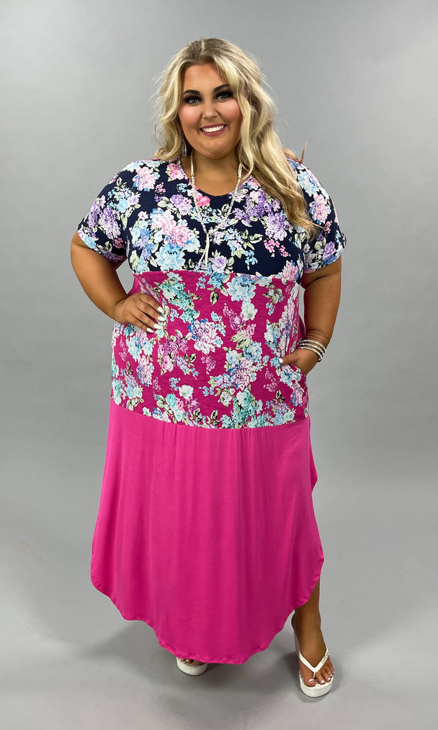 LD-J {Slice of Floral} Pink/Navy Floral Long Dress PLUS SIZE 1X 2X 3X