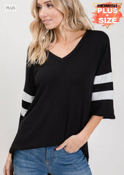 69 CP-R {Pleasantly Surprised} Black V-Neck Top w/Striped Sleeve PLUS SIZE XL 2X 3X