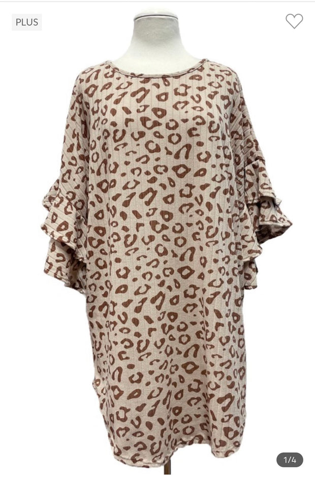 68 PQ-O {Leopard Journey} Taupe Ribbed Leopard Print Tunic EXTENDED PLUS SIZE 3X 4X 5X
