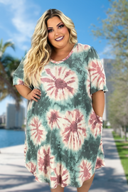 99 PSS-P {In Good Spirits} Sage Tie Dye V-Neck Dress EXTENDED PLUS SIZE 3X 4X 5X