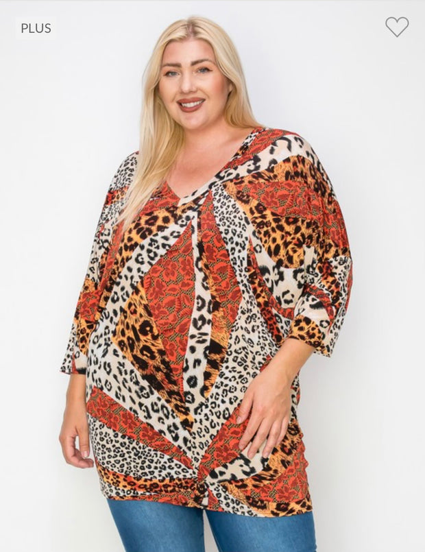 71 PQ-A {Untapped Potential} Rust Animal Print V-Neck Tunic EXTENDED PLUS SIZE 3X 4X 5X