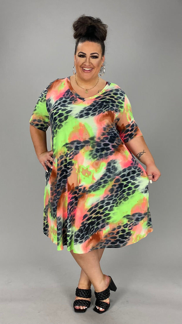 64 PSS-T {Neon Thoughts} Pink Lime Animal V-Neck Dress EXTENDED PLUS SIZE 3X 4X 5X