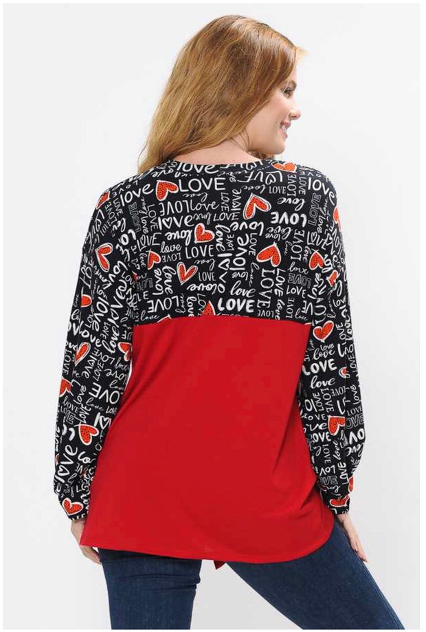 45-GT-G ( Written Love Letters) Red Black Tunic w/ Script & Tie Front PLUS SIZE 1X 2X 3X