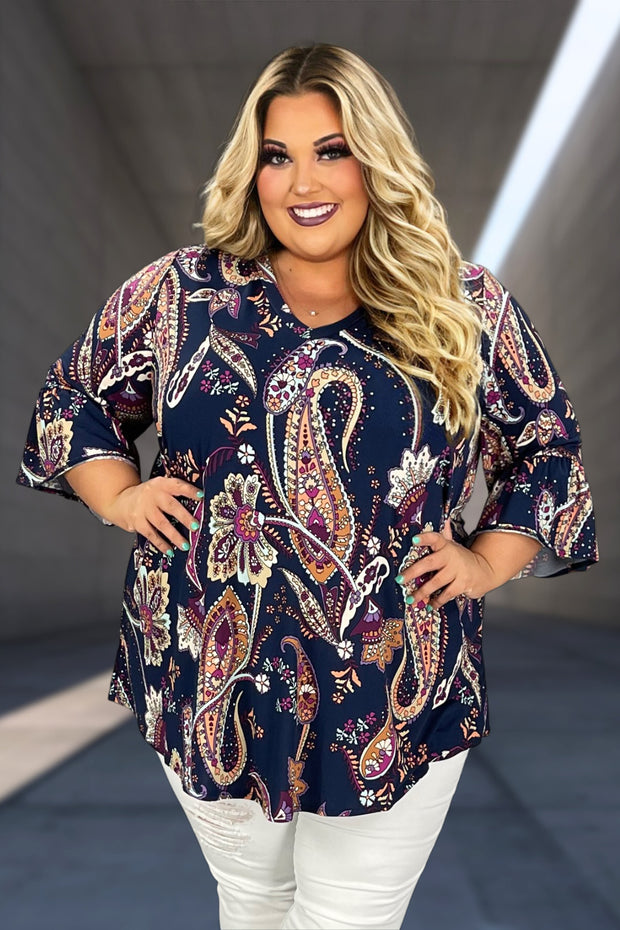 28 PQ-F {For The Love Of Curvy} Navy Paisley V-Neck Top CURVY BRAND!!!  EXTENDED PLUS SIZE 4X 5X 6X