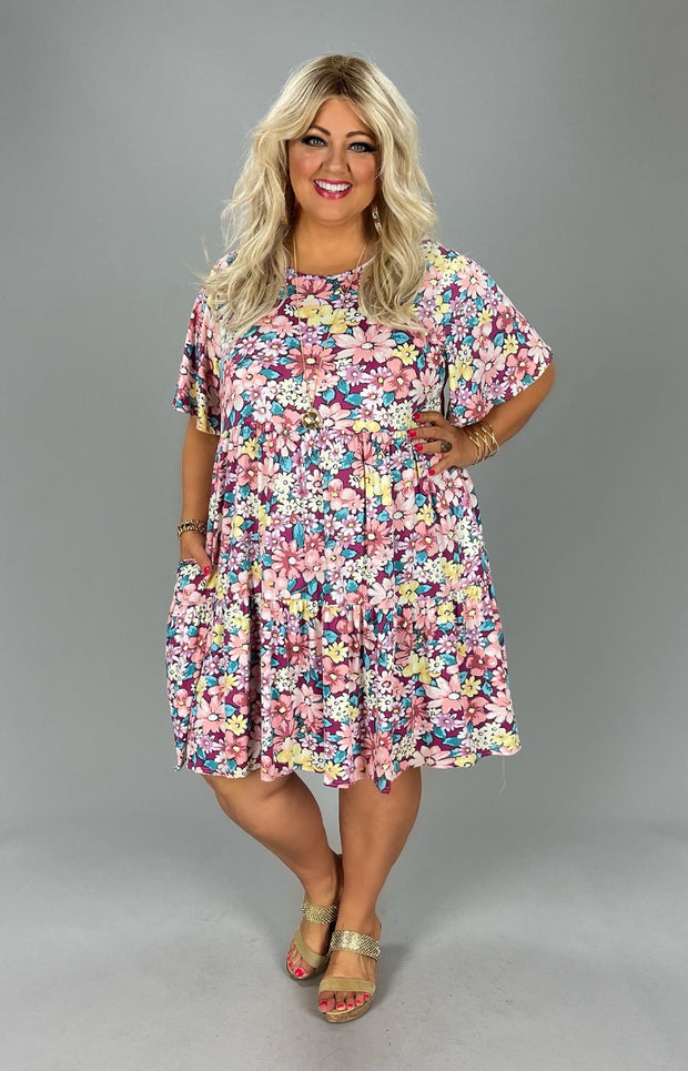 53 PSS-D {Above The Noise} Magenta Multi Floral Print Dress PLUS SIZE 1X, 2X, 3X