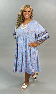 65 PSS-B {Paradise Found}  Blue Floral Print Dress PLUS SIZE 1X 2X 3X