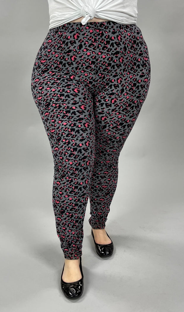 LEG-L {Leopard Life} Grey/Pink Leopard Printed Leggings EXTENDED PLUS SIZE