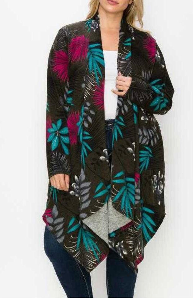 12 OT-Q {Serenity Calls} Black/Teal Floral Cardigan EXTENDED PLUS SIZE 3X 4X 5X