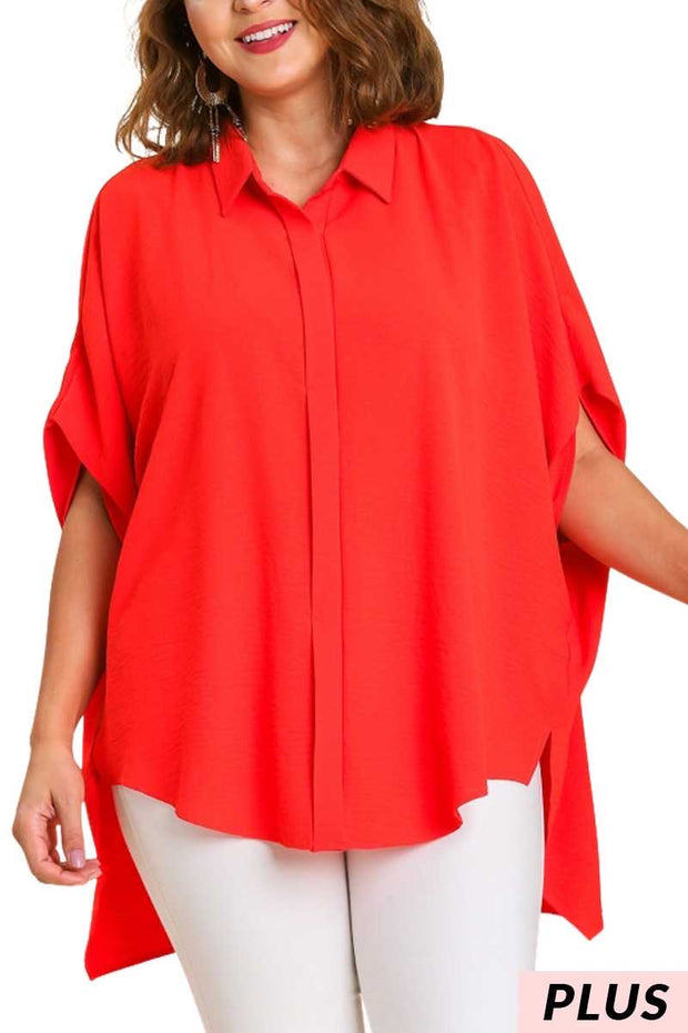 31 SSS-A {Touch Of Perfection} Red"UMGEE"   Solid Button Up Top PLUS SIZE XL 1X 2X