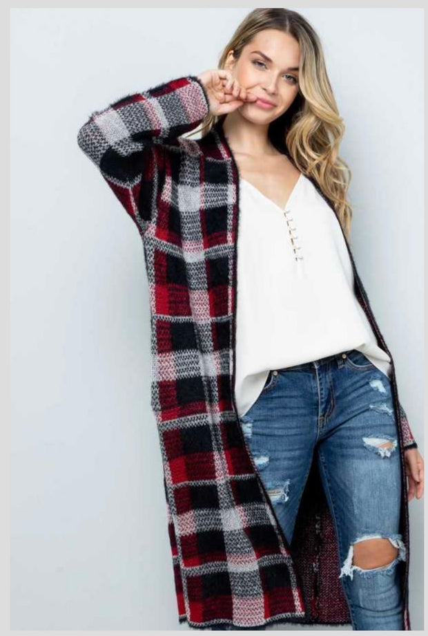 93 OT-D {Feel The Chill} Red/Black Plaid Long Cardigan  PLUS SIZE 1X/2X  2X/3X