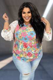 31 CP-K {Trend Of The Day} Multi-Color Floral Top w/Lace Sleeve PLUS SIZE XL 2X 3X