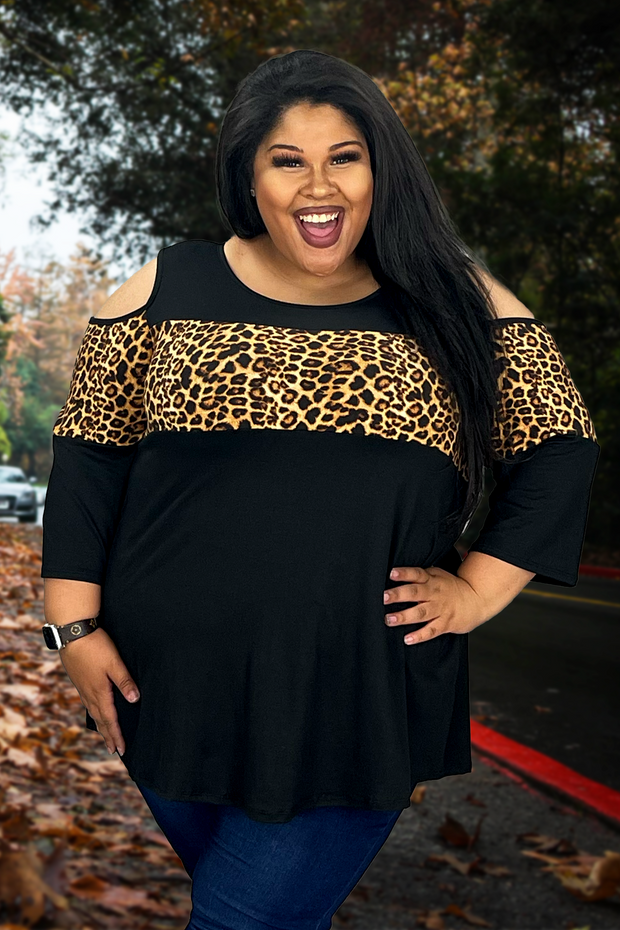 95 OS-H {Natural Comfort} Black/Leopard Open Shoulder Top CURVY BRAND!!!  EXTENDED PLUS SIZE 1X 2X 3X 4X 5X 6X