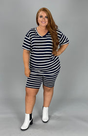 36 SET-G {Final Countdown} Navy Striped Short Set EXTENDED PLUS SIZE 1X 2X 3X 4X 5X