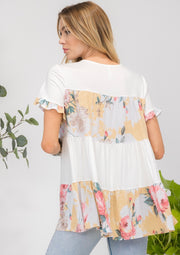 46 CP-A {How About It} Ivory Floral Print Tiered Top PLUS SIZE XL 2X 3X