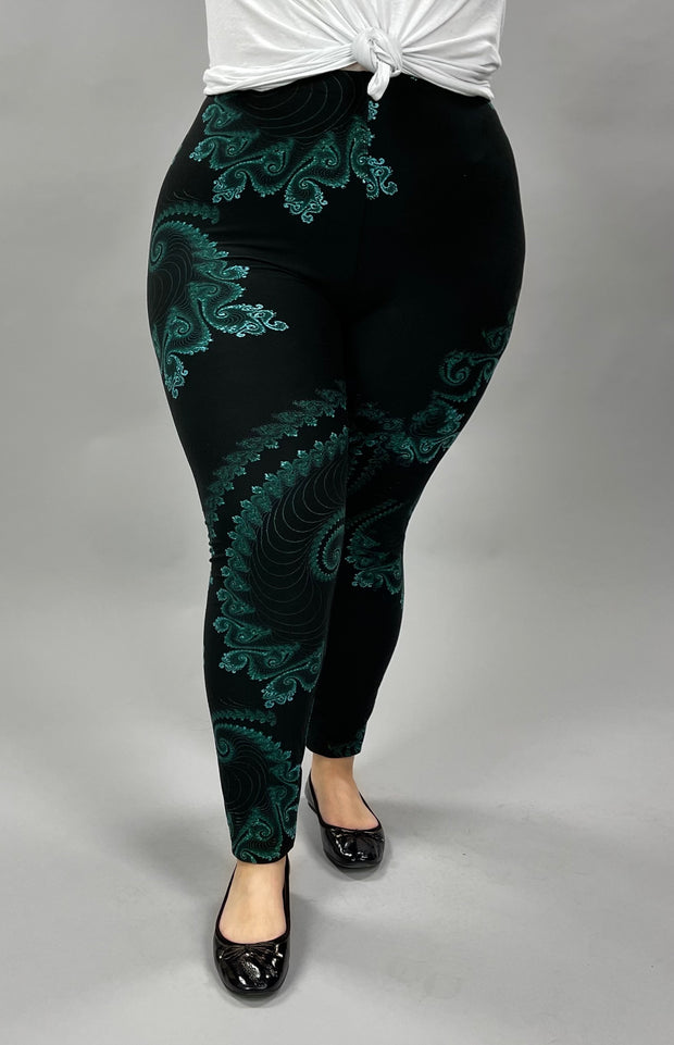 LEG-E  {For The Love} Black/Teal Print Leggings EXTENDED PLUS SIZE 3X/5X