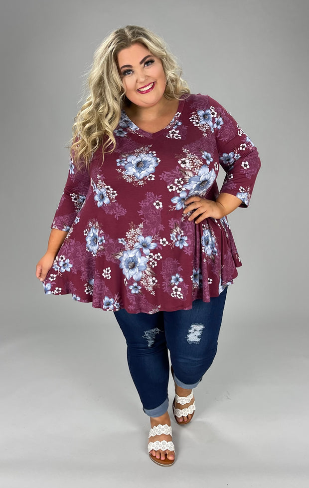 26 PQ-E {Moments Of Time} Wine Blue Floral Print V-Neck Top EXTENDED PLUS SIZE 3X 4X 5X