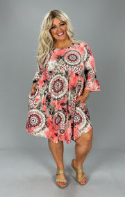 93 PQ-D {Bound With Love} Coral Print Babydoll Dress PLUS SIZE 1X 2X 3X