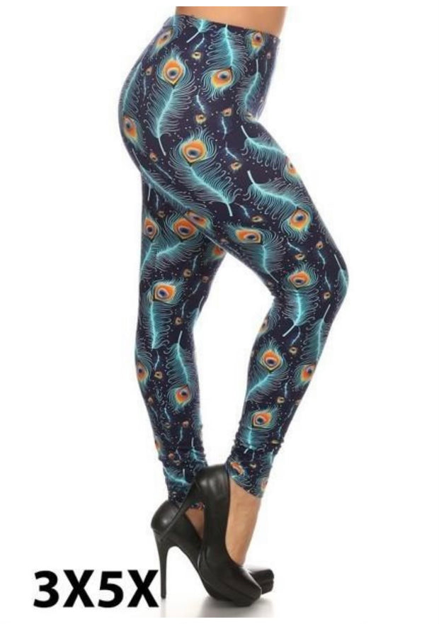 BIN 98 {Peacock Beauty} Navy Peacock Print Leggings EXTENDED PLUS SIZE 3X/5X