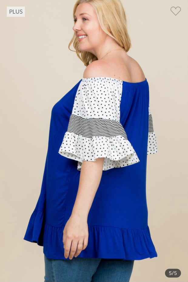 56 CP-A {Royal Watch} Royal Blue Polka Dot Top PLUS SIZE 1X 2X 3X