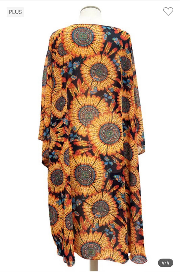 52 OT-A {Meet Your Style}Black/Orange Sunflower Kimono EXTENDED PLUS SIZE 3X 4X 5X