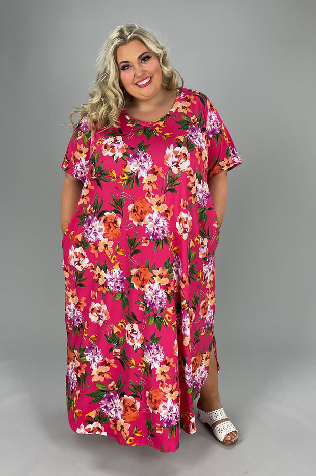 LD-F {Plenty Long Enough} Pink Floral V-Neck Long Dress EXTENDED PLUS SIZE 4X 5X 6X