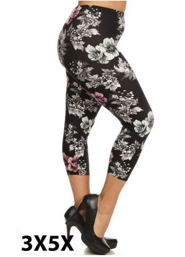 LEG-49 {Pace Yourself} Black/White Floral Butter Soft Leggings Extended Plus Capri 3X/5X