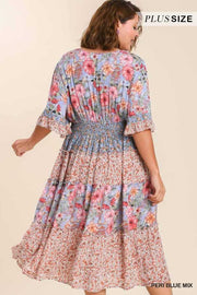 LD-O {In The Breeze} Umgee Blue Floral Tiered Midi Dress PLUS SIZE XL 1X 2X