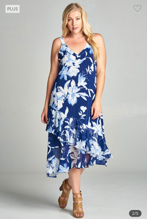 LD-B {Forgotten Romance} Blue Floral Midi Dress PLUS SIZE 1X 2X 3X