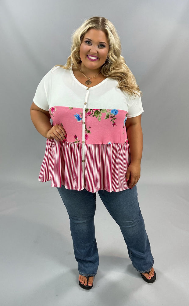 63 CP-B {Lovely Life}  SALE! Pink Floral & Stripe Contrast Top PLUS SIZE XL 2X 3X