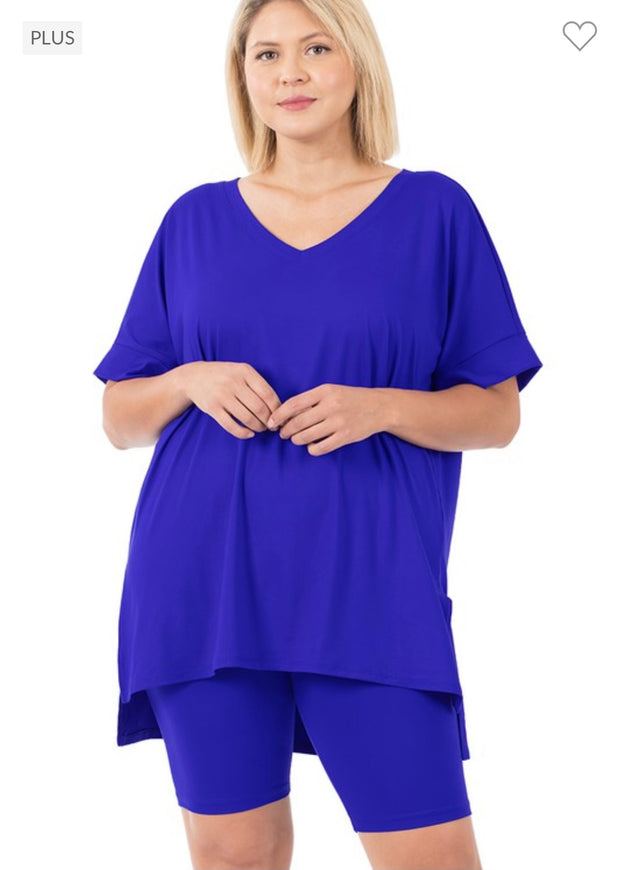 53 SET-Z {Set The Curvy} Bright***SALE*** Blue V-Neck Short Set PLUS SIZE 1X 2X 3X