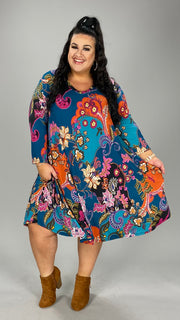 90 PQ-A {Just A Normal Girl} Teal Print V-Neck Dress EXTENDED PLUS SIZE 3X 4X 5X