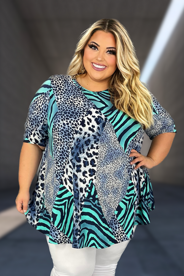 58 PSS-B {Inspire Others} Blue Mixed Animal Print Top EXTENDED PLUS SIZE 4X 5X 6X